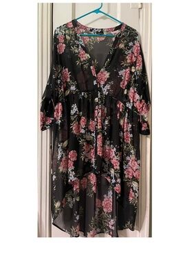 Floral Sheer Black Pink Asymmetrical Top